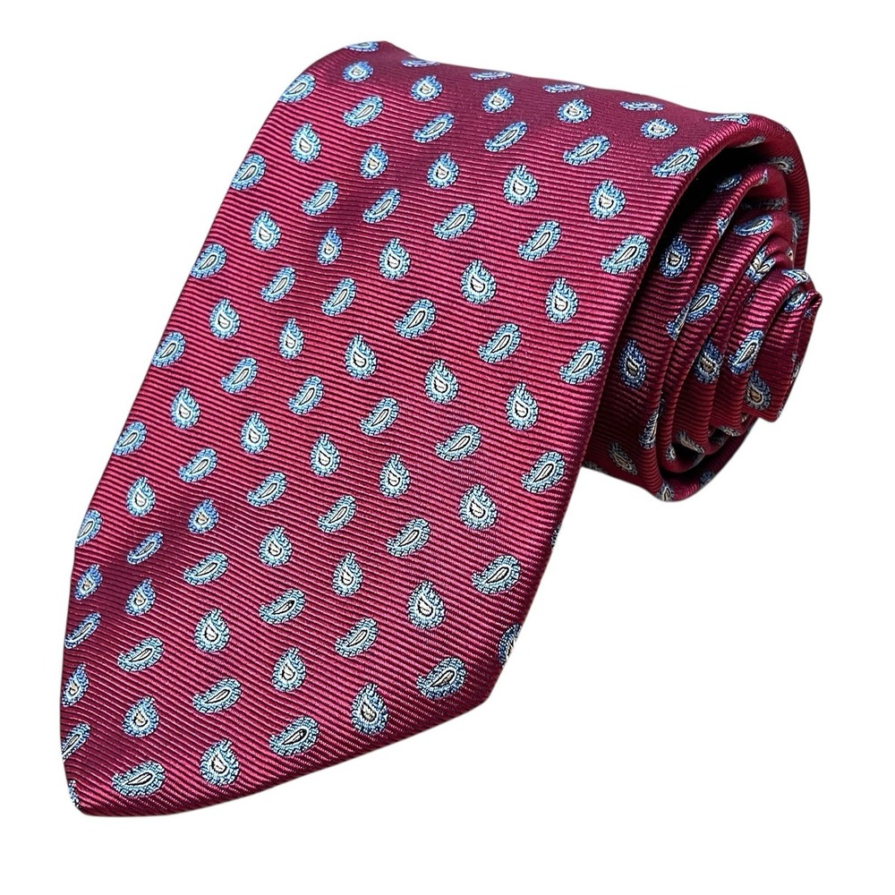 Brooks Brothers Repp Long Neck Tie 100% Silk Red with Small Paisley Pattern‎